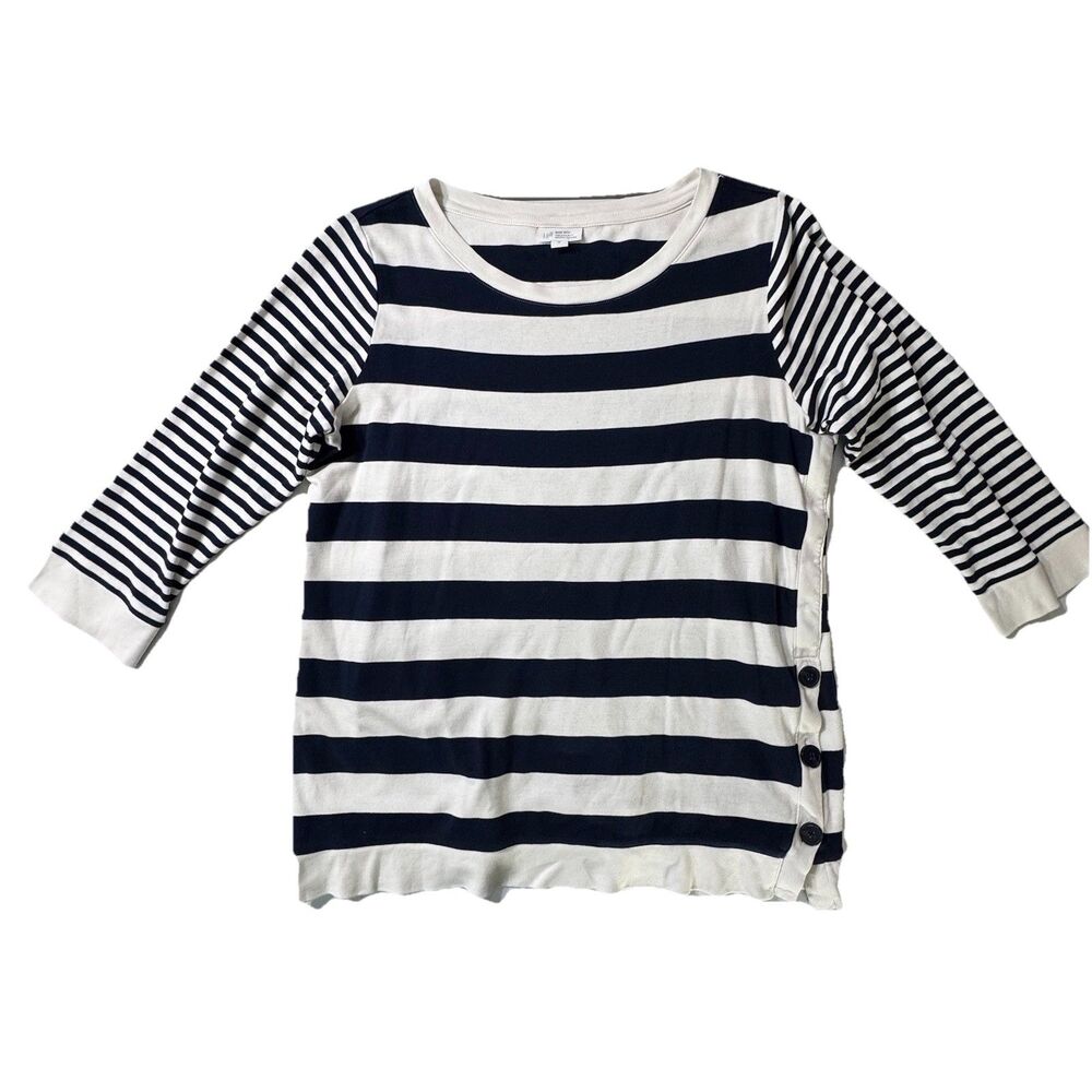J. Jill Organic Cotton Navy Striped Buttons Blouse Medium Long Sleeve Nautical